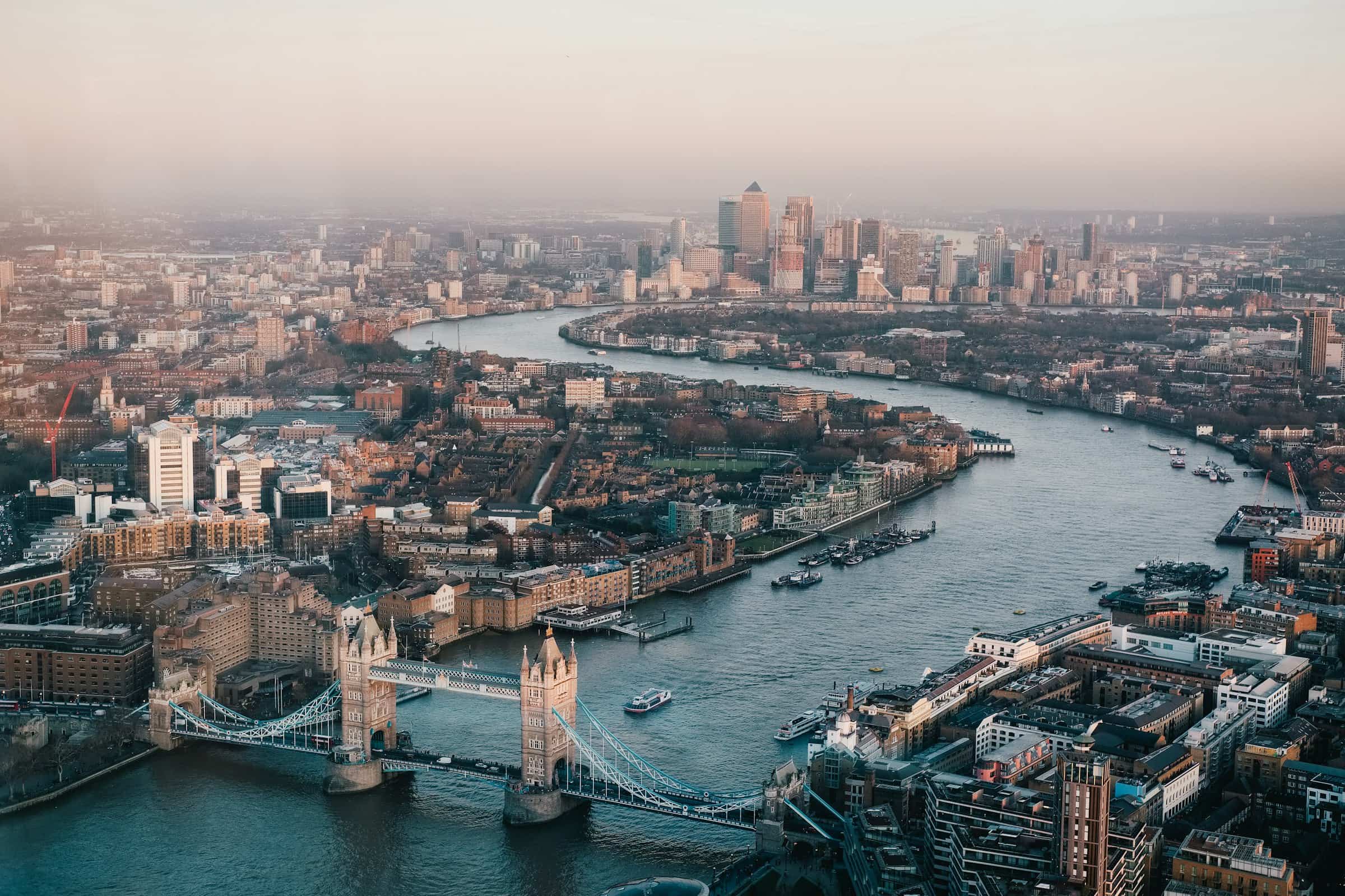 London at dusk, the city lights along the Thames
